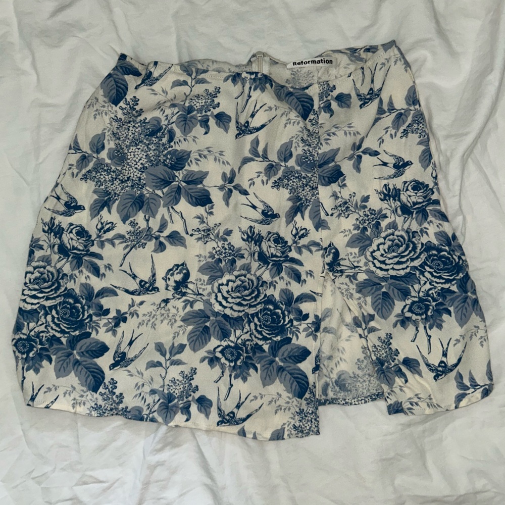 Reformation Blue and White Bird Print Skirt